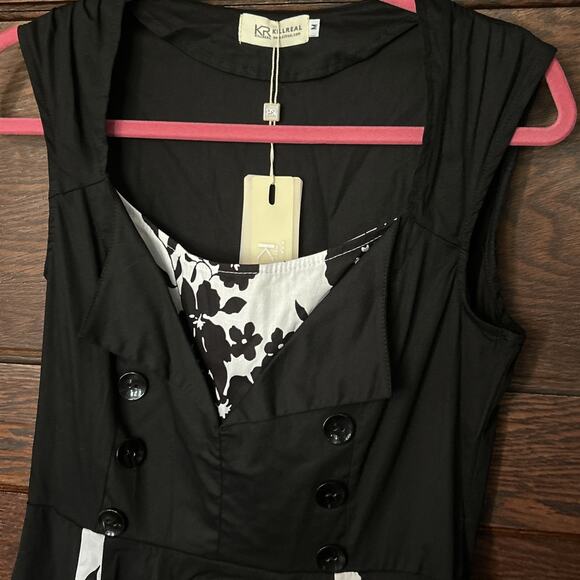 KR Kill Real Vintage Style Black White Floral Rockabilly Dress Sz M Retro Pinup - Picture 2 of 6